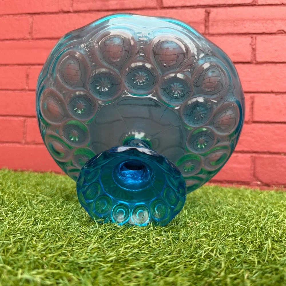 Vintage LE Smith Teal‎ Moon and Stars Glass Pedestal Cake Stand Candy Dish